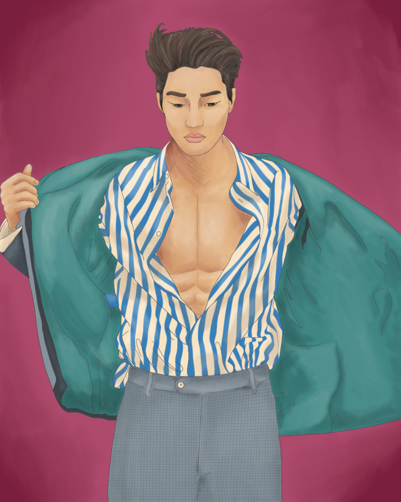 Digital figure painting of Kai from EXO shrugging out of a jacket